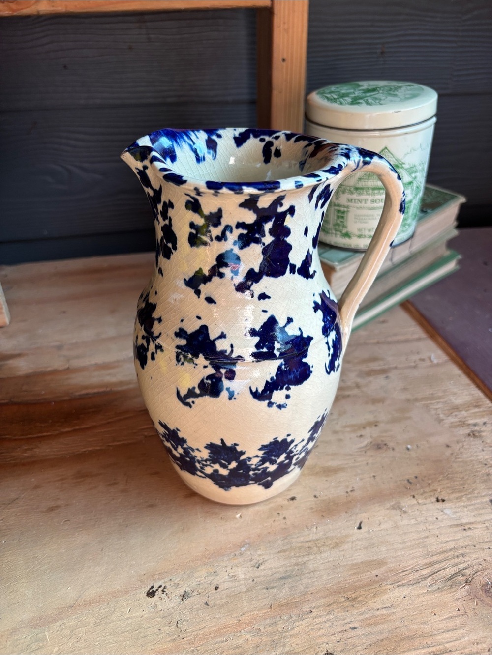 Blue and Cream Spatter Ceramic Pitcher - Home Art